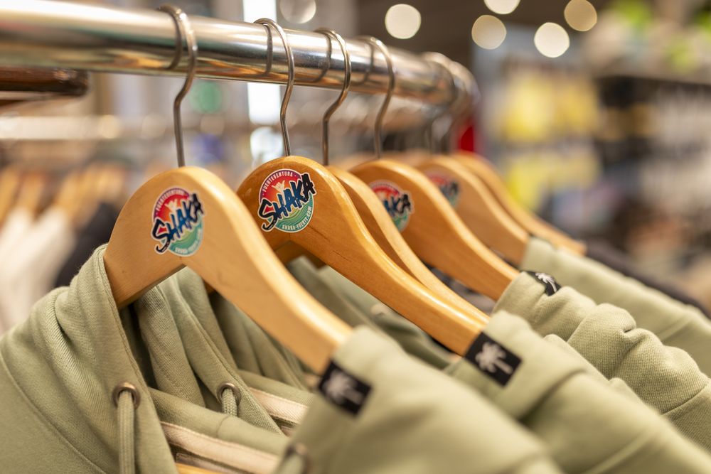Shaka-branded hoodies on display